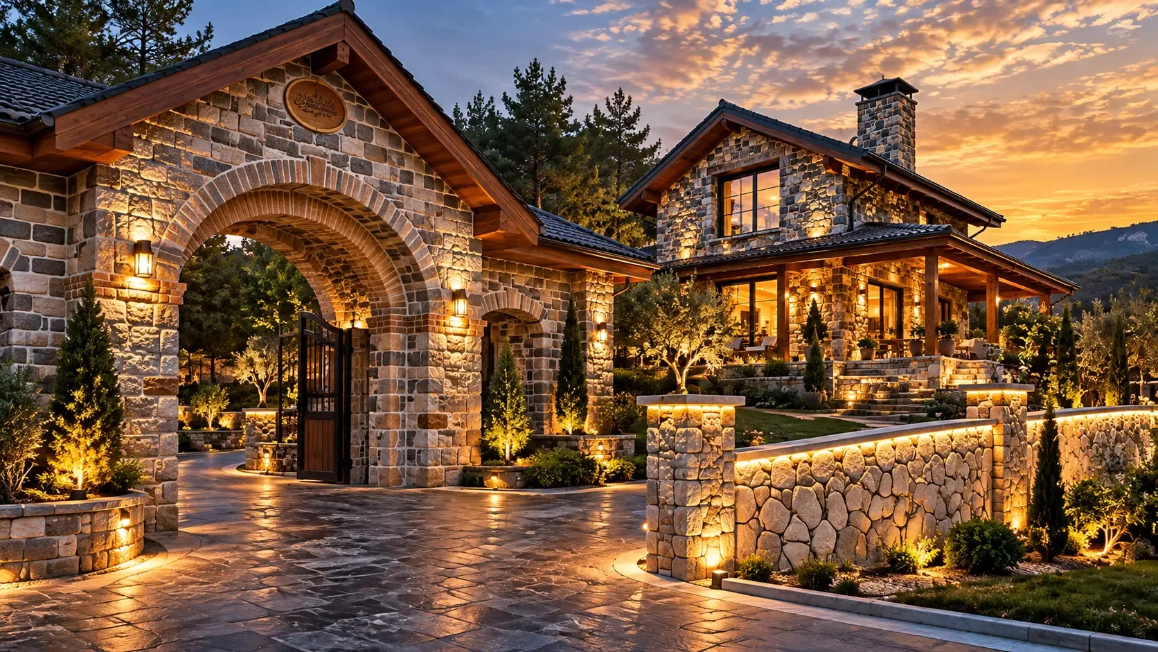 Gün batımında aydınlatılmış taş villa, kemerli taş giriş ve bahçe duvarı